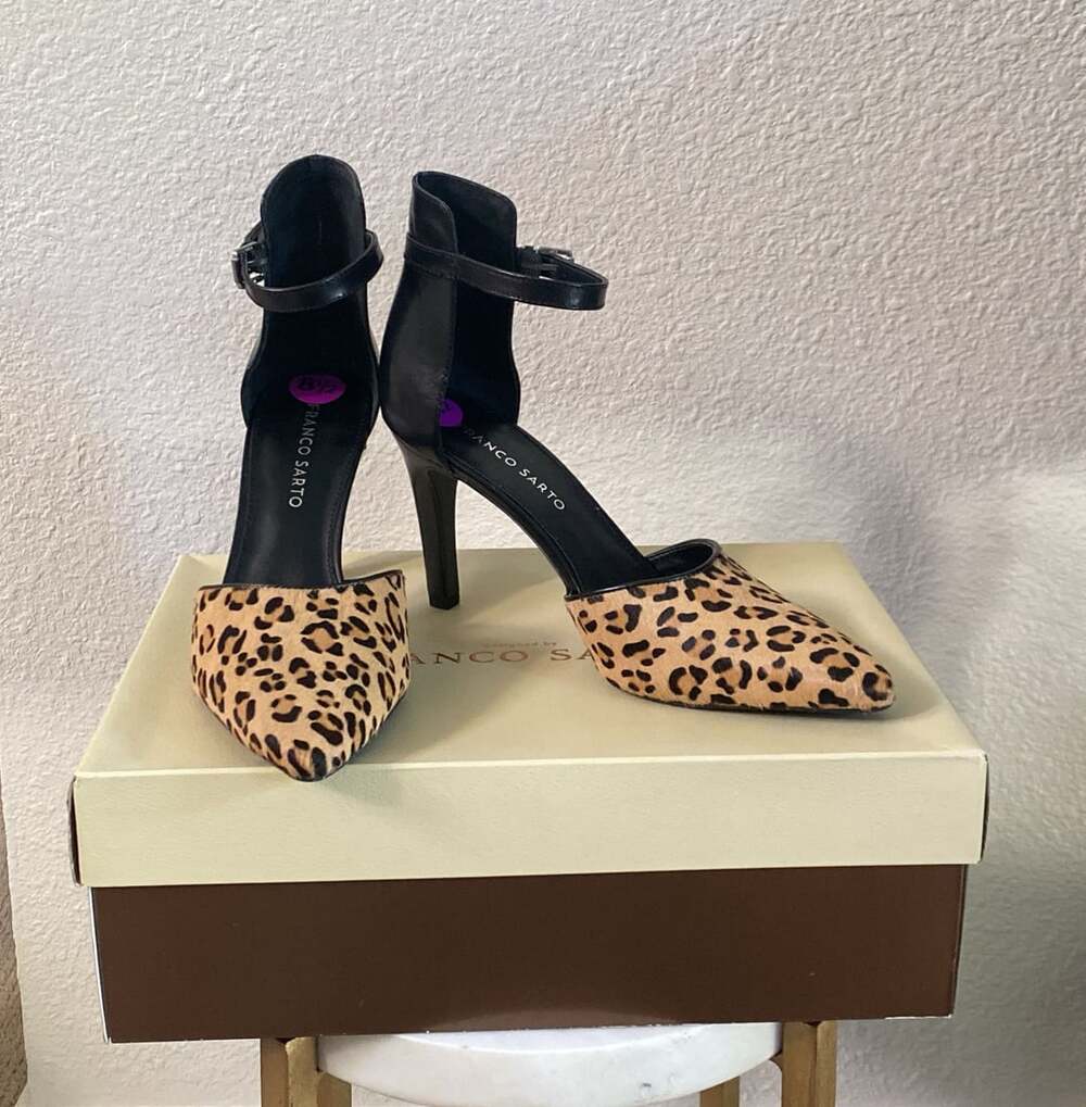 Franco Sarto Ankle Strap Heels Size 8.5 Leopard Calf Hair Leather